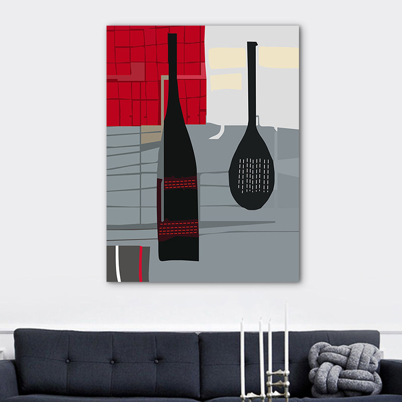 Brehn | Skandinavischer Weinaus Bottle-Leinwand Rotes und Graues Texturiertes Wandkunst-Druck für das Wohnzimmer