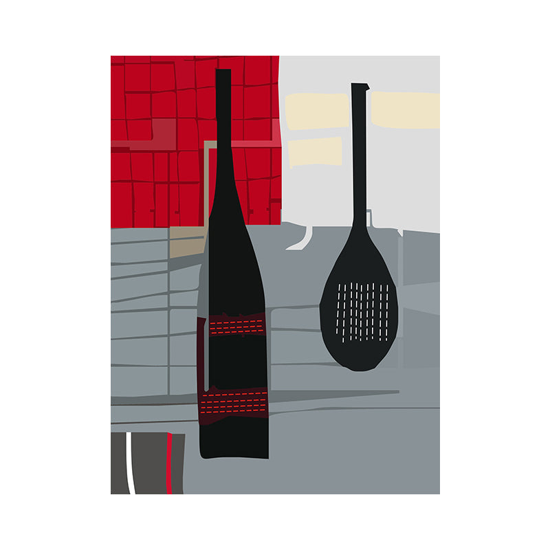 Brehn | Skandinavischer Weinaus Bottle-Leinwand Rotes und Graues Texturiertes Wandkunst-Druck für das Wohnzimmer