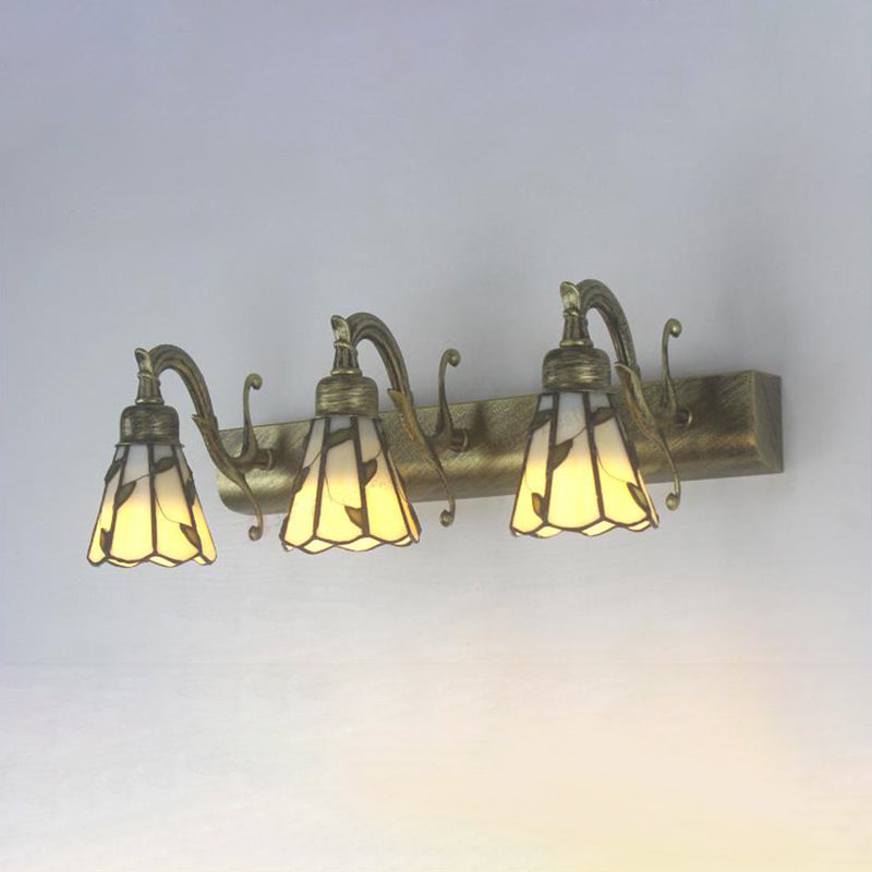 3 Köpfe Blatt Schminklicht Rustikal Loft Buntglas Schminkspiegel Licht mit Linearer Rückplatte in Kupfer/Antikmessing/Gold | Brehn