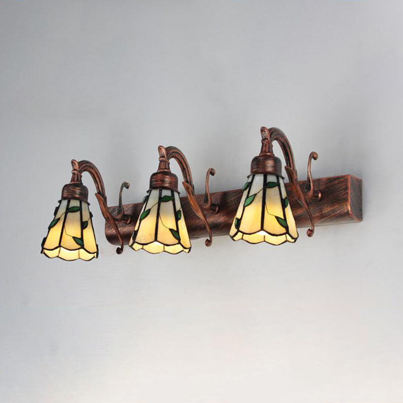 3 Köpfe Blatt Schminklicht Rustikal Loft Buntglas Schminkspiegel Licht mit Linearer Rückplatte in Kupfer/Antikmessing/Gold | Brehn