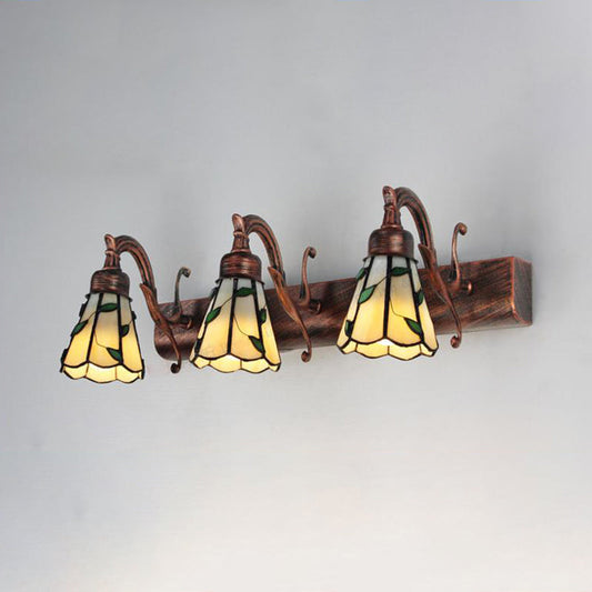 3 Köpfe Blatt Schminklicht Rustikal Loft Buntglas Schminkspiegel Licht mit Linearer Rückplatte in Kupfer/Antikmessing/Gold | Brehn