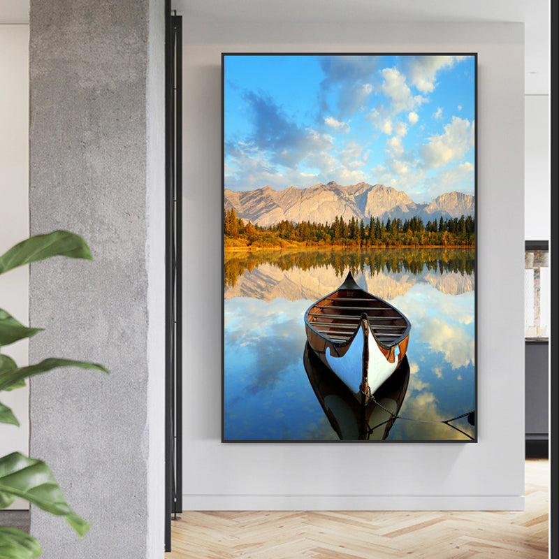 Brehn | Boot Sonnenuntergang See Landschaft Leinwand Zeitgenössische Texturierte Wandkunst Dekor in Blau-Braun