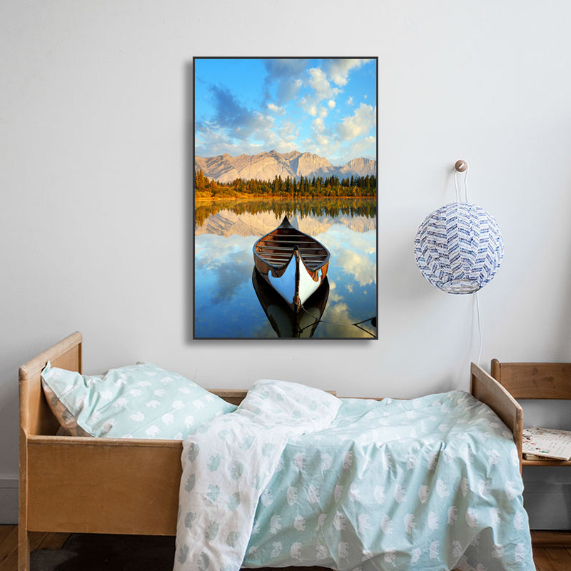 Brehn | Boot Sonnenuntergang See Landschaft Leinwand Zeitgenössische Texturierte Wandkunst Dekor in Blau-Braun