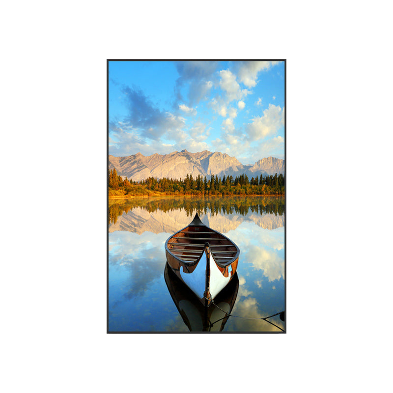 Brehn | Boot Sonnenuntergang See Landschaft Leinwand Zeitgenössische Texturierte Wandkunst Dekor in Blau-Braun