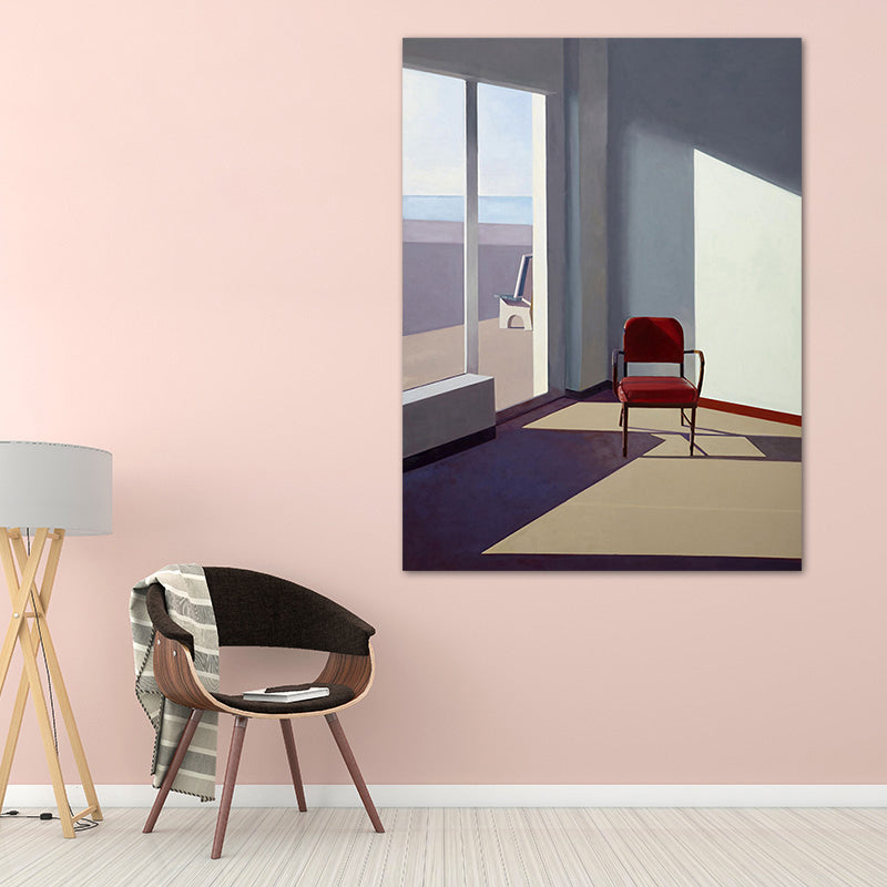 Brehn | Blaue Nordische Wandkunst Mischtechnik Raum mit Stuhl Leinwanddruck für die Inneneinrichtung des Hauses
