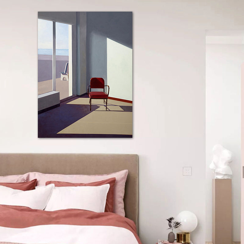 Brehn | Blaue Nordische Wandkunst Mischtechnik Raum mit Stuhl Leinwanddruck für die Inneneinrichtung des Hauses