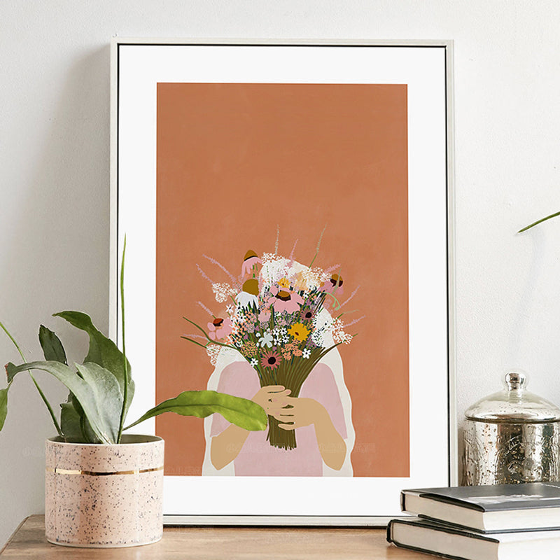 Brehn | Mädchen, das einen Blumenstrauß hält, Zeichnung, Leinwand, strukturiert, nordisches Schlafzimmer, Wandkunst, Druck in Orange