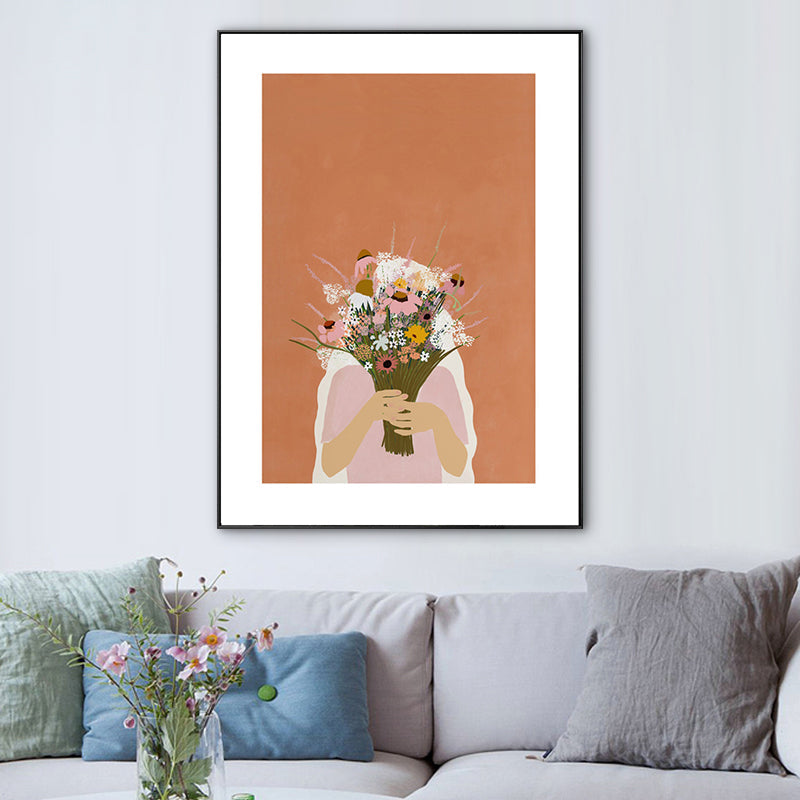 Brehn | Mädchen, das einen Blumenstrauß hält, Zeichnung, Leinwand, strukturiert, nordisches Schlafzimmer, Wandkunst, Druck in Orange