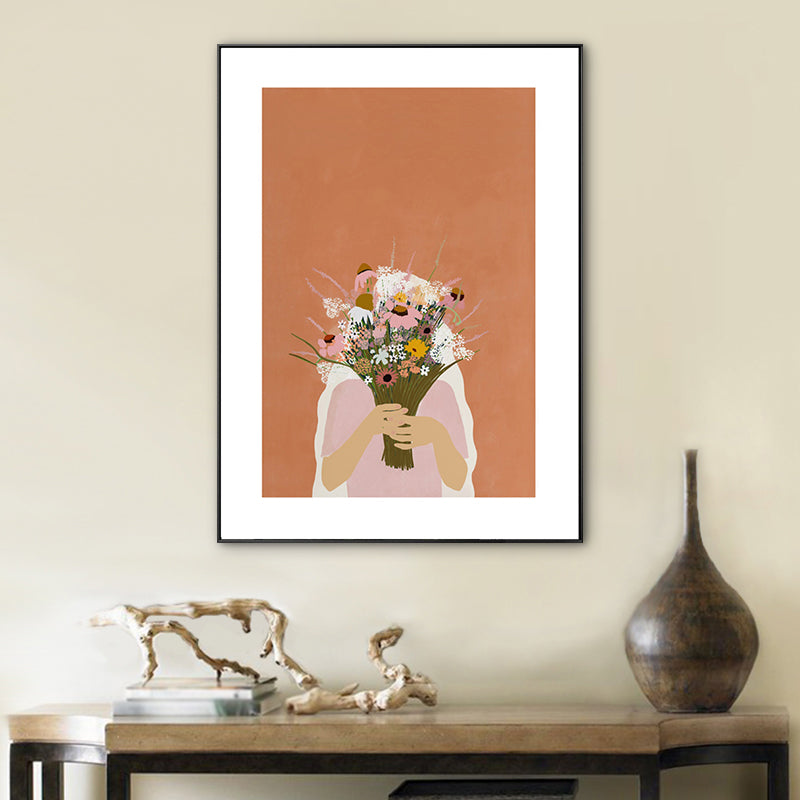 Brehn | Mädchen, das einen Blumenstrauß hält, Zeichnung, Leinwand, strukturiert, nordisches Schlafzimmer, Wandkunst, Druck in Orange