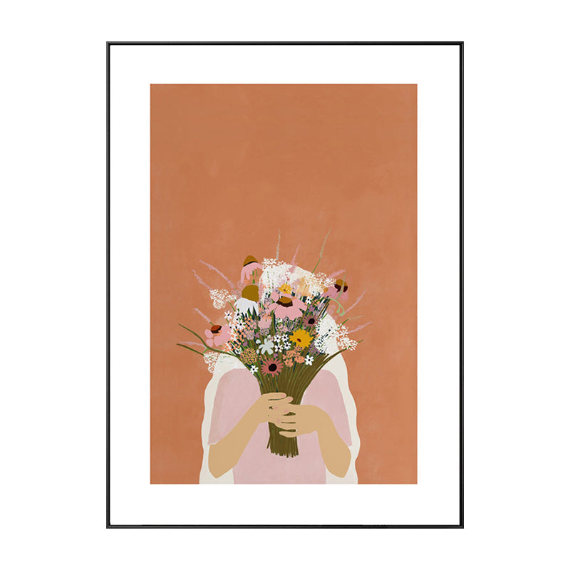 Brehn | Mädchen, das einen Blumenstrauß hält, Zeichnung, Leinwand, strukturiert, nordisches Schlafzimmer, Wandkunst, Druck in Orange