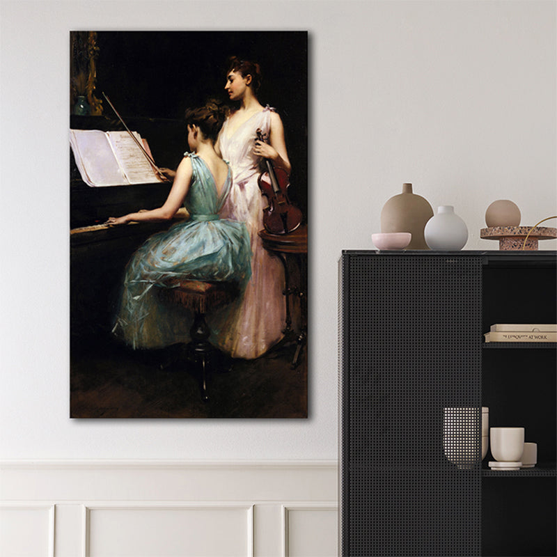 Brehn | Ölgemälde Renaissance Leinwand Kunst Mädchen und Instrumente in Weiß, multiple Größen