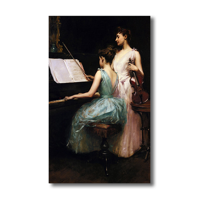 Brehn | Ölgemälde Renaissance Leinwand Kunst Mädchen und Instrumente in Weiß, multiple Größen