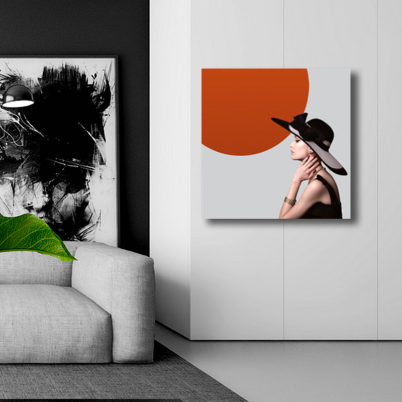 Brehn | Fashion Frau mit Hut Kunstdruck Glam Texturiertes Wanddekor in Rot und Schwarz für Schlafzimmer