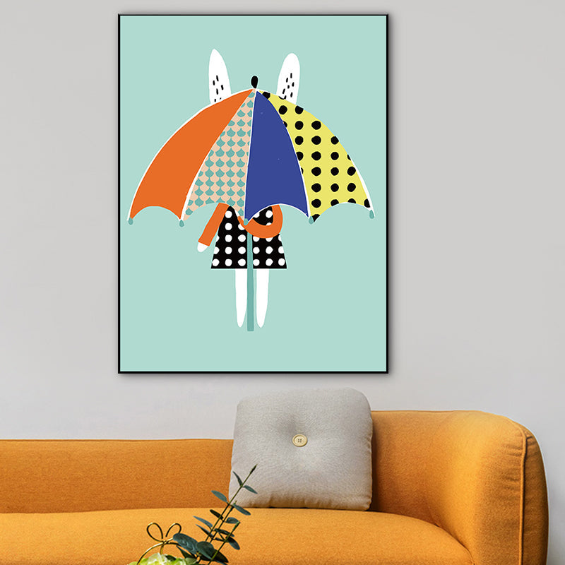 Brehn | Nordic Rabbit mit Regenschirm Wandkunst Blau Stillleben Leinwanddruck für Esszimmer