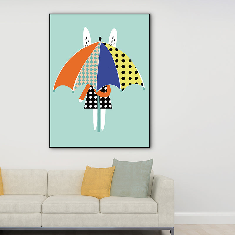 Brehn | Nordic Rabbit mit Regenschirm Wandkunst Blau Stillleben Leinwanddruck für Esszimmer