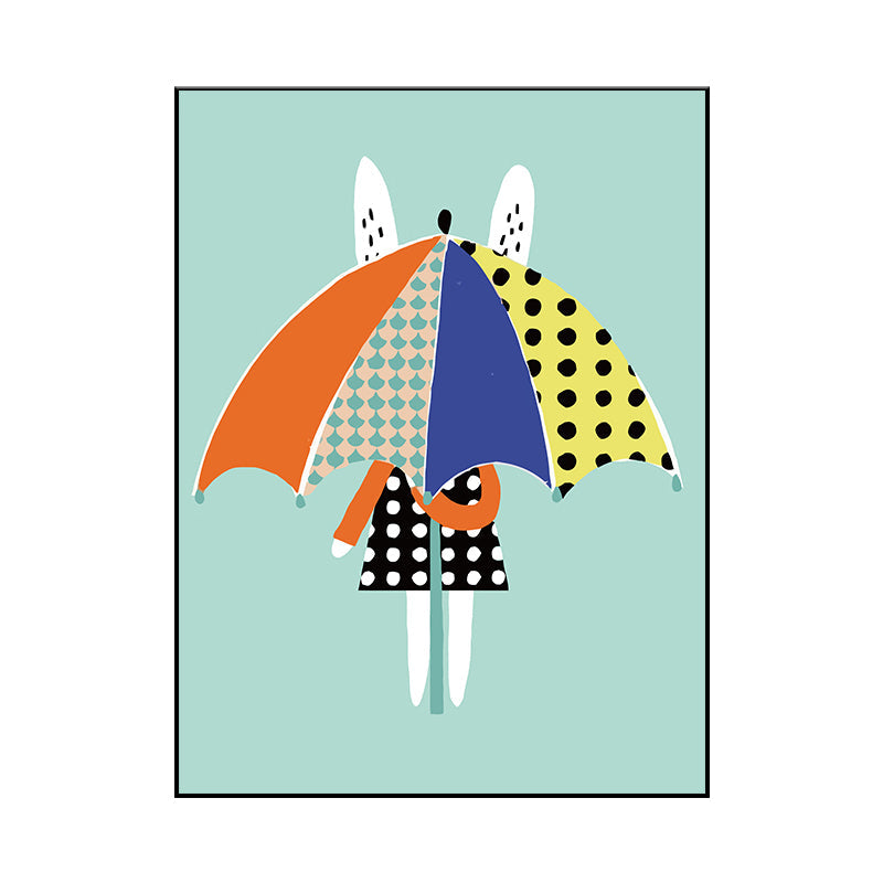 Brehn | Nordic Rabbit mit Regenschirm Wandkunst Blau Stillleben Leinwanddruck für Esszimmer