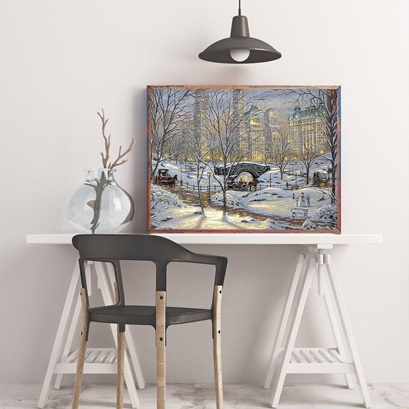 Brehn | Impressionismus Schnee Stadtlandschaft Leinwand Gelbes Texturiertes Gemälde für Esszimmer