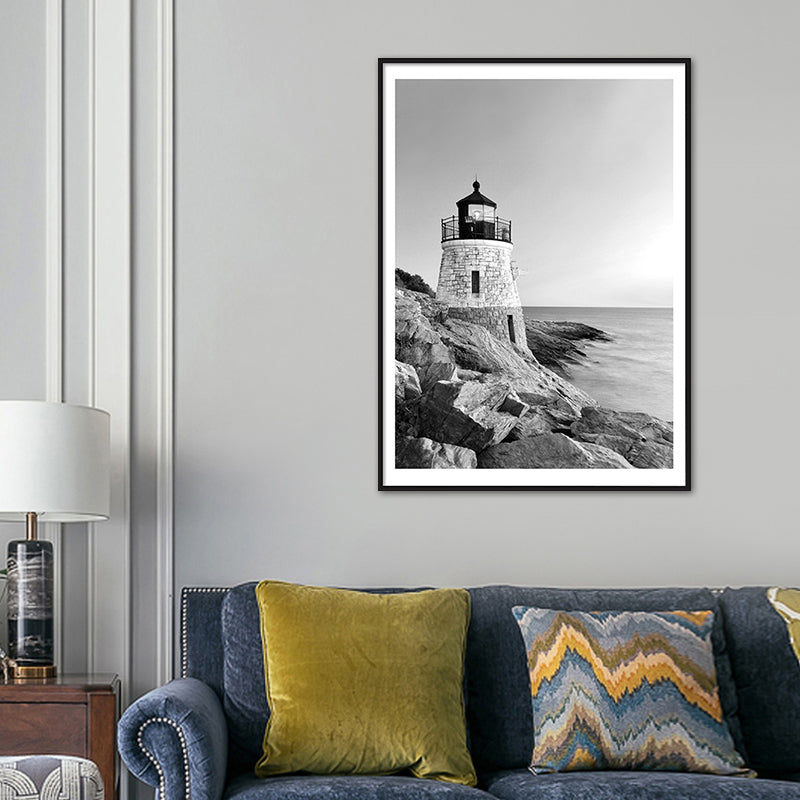 Brehn | Vintage Seaside Lighthouse Kunstdruck Leinwand Graues Gebäude Wanddekoration, Mehrere Größen verfügbar