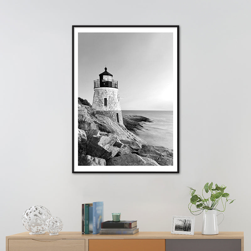 Brehn | Vintage Seaside Lighthouse Kunstdruck Leinwand Graues Gebäude Wanddekoration, Mehrere Größen verfügbar