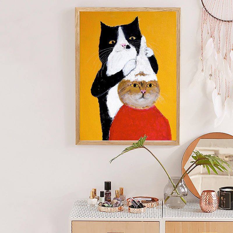 Brehn | Katzenzeichnung Leinwanddruck Cartoon Niedliches Tier Wandkunst in Gelb für Kinderzimmer