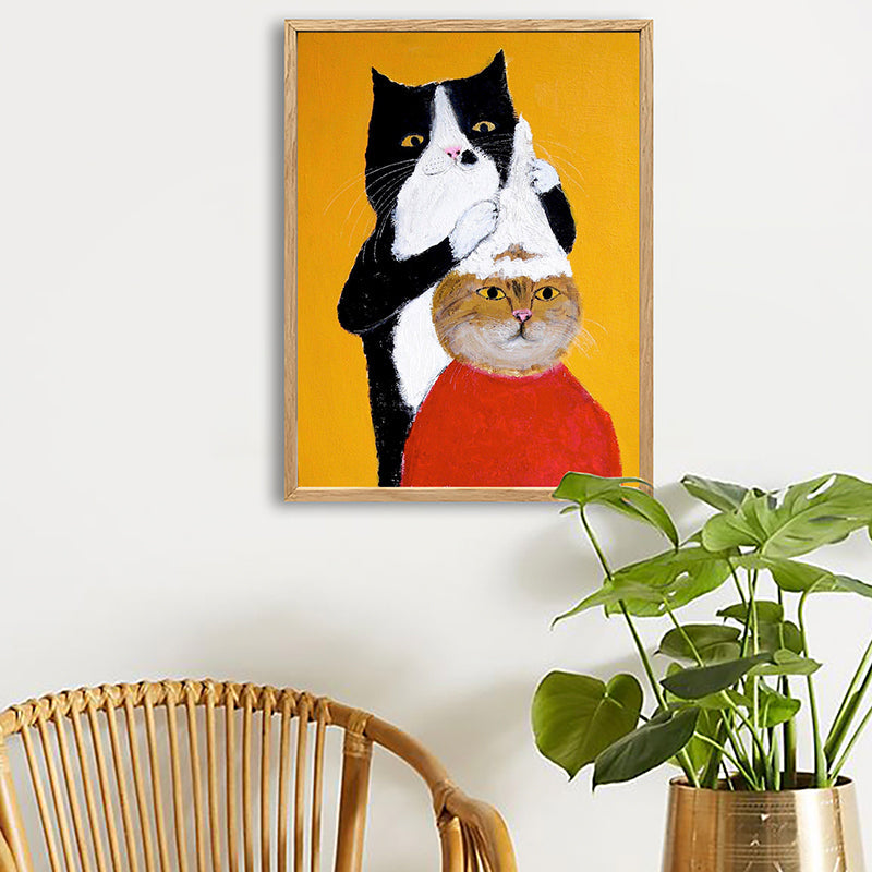 Brehn | Katzenzeichnung Leinwanddruck Cartoon Niedliches Tier Wandkunst in Gelb für Kinderzimmer