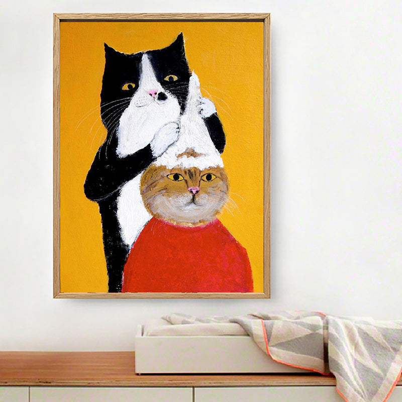 Brehn | Katzenzeichnung Leinwanddruck Cartoon Niedliches Tier Wandkunst in Gelb für Kinderzimmer