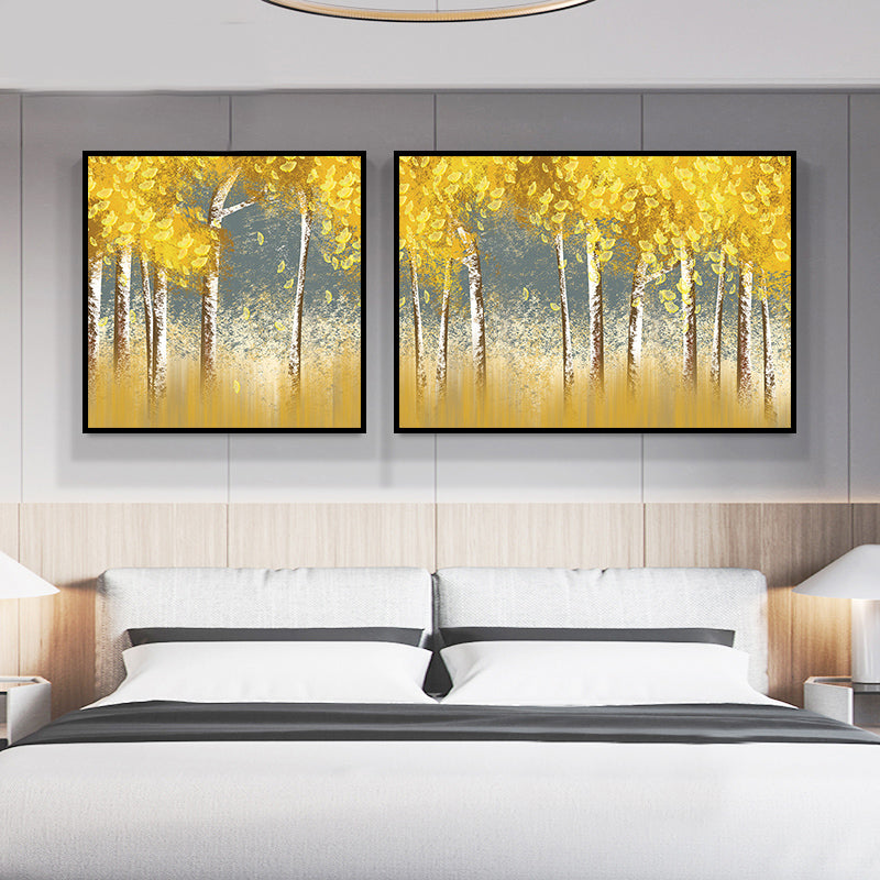 Brehn | Gelbe Herbstbäume Wandkunst Ölgemälde Landschaft Modern Mehrteiliges Leinwandbild für Hotel