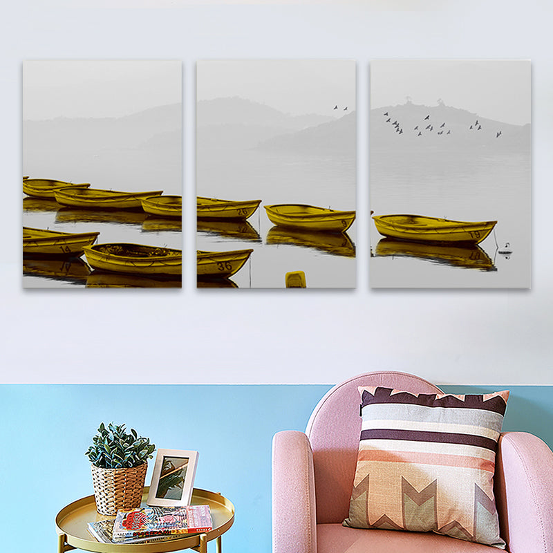 Brehn | Braune Misty River Boote Leinwand Wandkunst Texturiert Zeitgenössische Wohnzimmer Wanddekoration