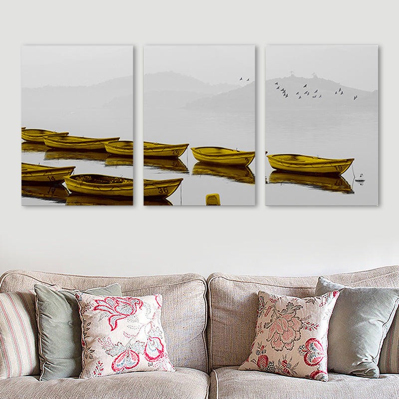 Brehn | Braune Misty River Boote Leinwand Wandkunst Texturiert Zeitgenössische Wohnzimmer Wanddekoration
