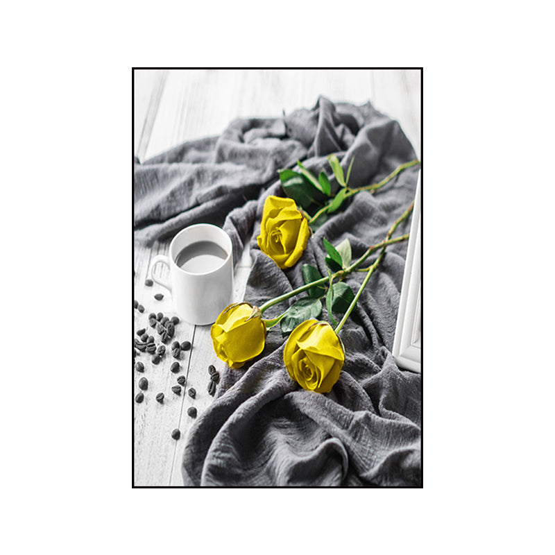 Brehn | Gelbe Rose und Kaffee Leinwand Stillleben Moderne Texturierte Wandkunst für das Esszimmer