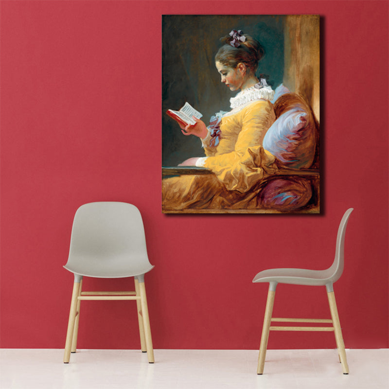 Brehn | Renaissance Reading Girl Kunstdruck Leinwand Texturiert Gelbe Wanddekoration für Badezimmer