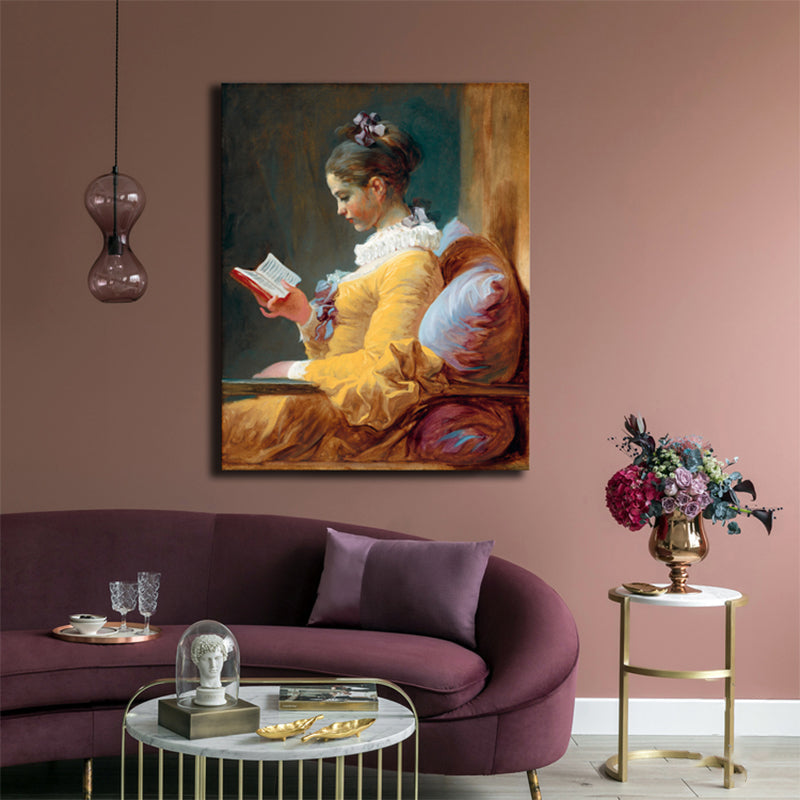 Brehn | Renaissance Reading Girl Kunstdruck Leinwand Texturiert Gelbe Wanddekoration für Badezimmer