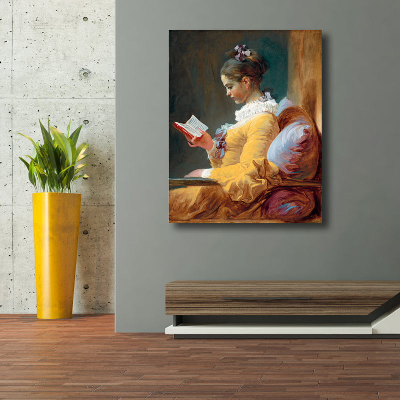 Brehn | Renaissance Reading Girl Kunstdruck Leinwand Texturiert Gelbe Wanddekoration für Badezimmer