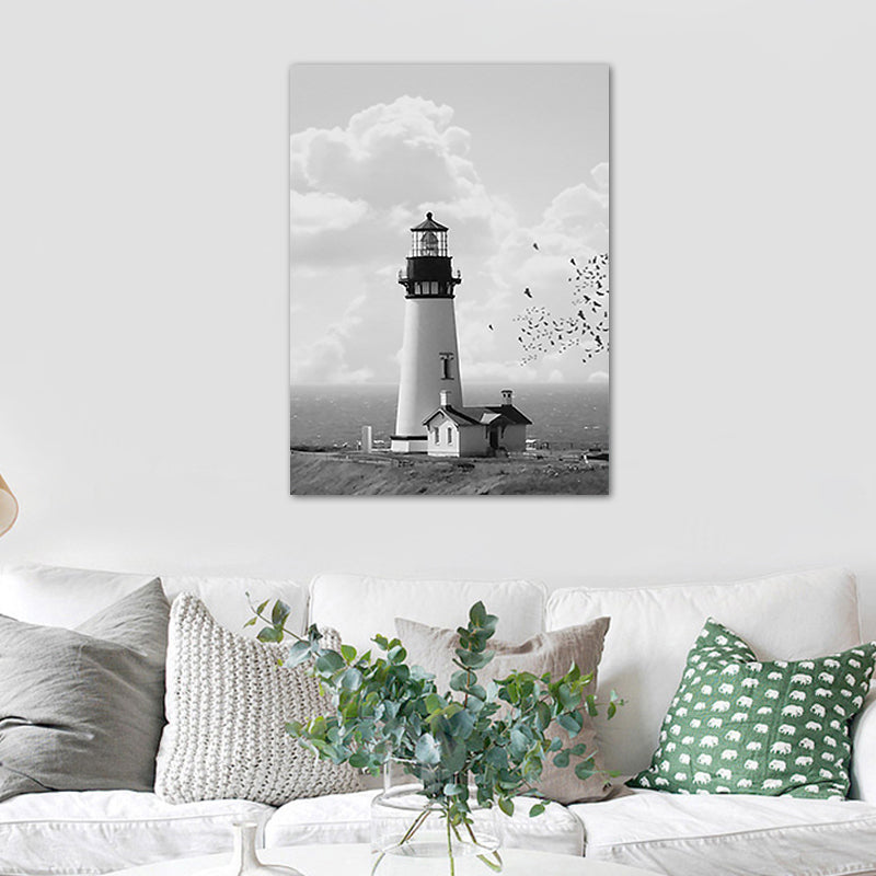 Brehn | Graue Leuchtturm-Szenenmalerei Texturiert Vintage-Stil Esszimmer Leinwand Wandkunst