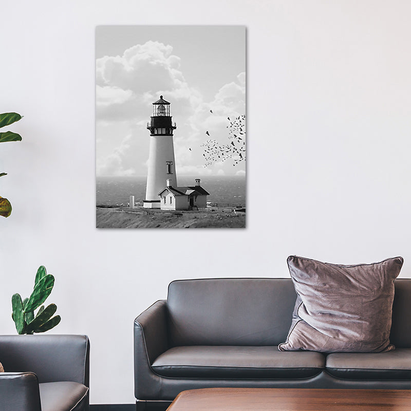 Brehn | Graue Leuchtturm-Szenenmalerei Texturiert Vintage-Stil Esszimmer Leinwand Wandkunst