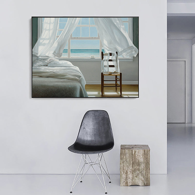 Brehn | Seashore House Innenansicht Leinwand Blau Nordischer Stil Wand Kunstdruck für Schlafzimmer