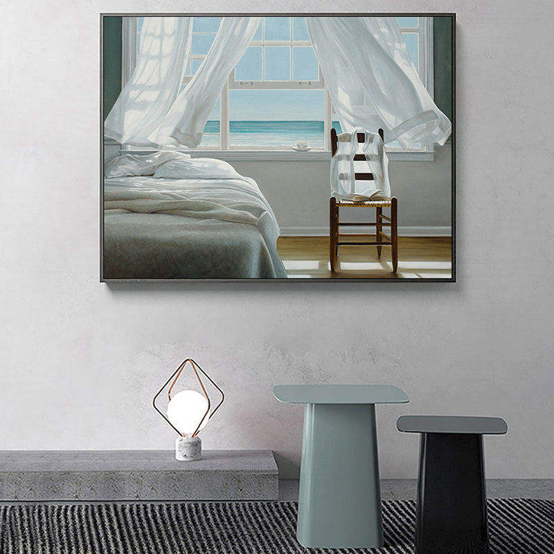 Brehn | Seashore House Innenansicht Leinwand Blau Nordischer Stil Wand Kunstdruck für Schlafzimmer
