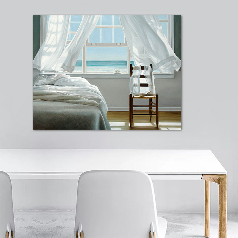 Brehn | Seashore House Innenansicht Leinwand Blau Nordischer Stil Wand Kunstdruck für Schlafzimmer