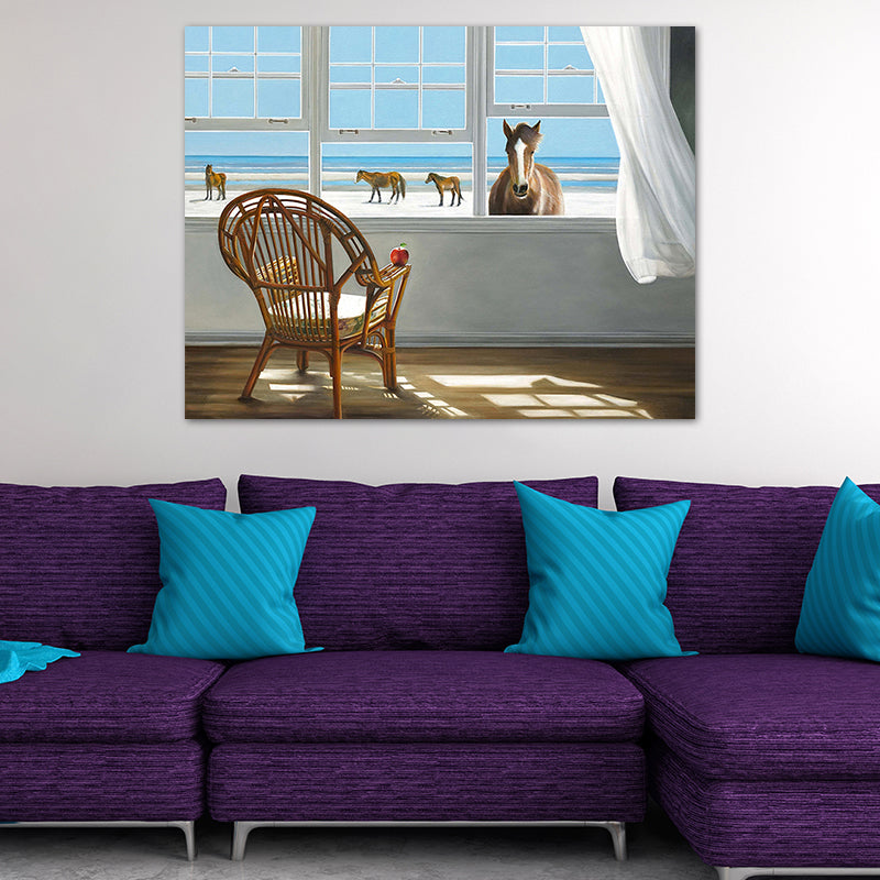 Brehn | Seashore House Innenansicht Leinwand Blau Nordischer Stil Wand Kunstdruck für Schlafzimmer