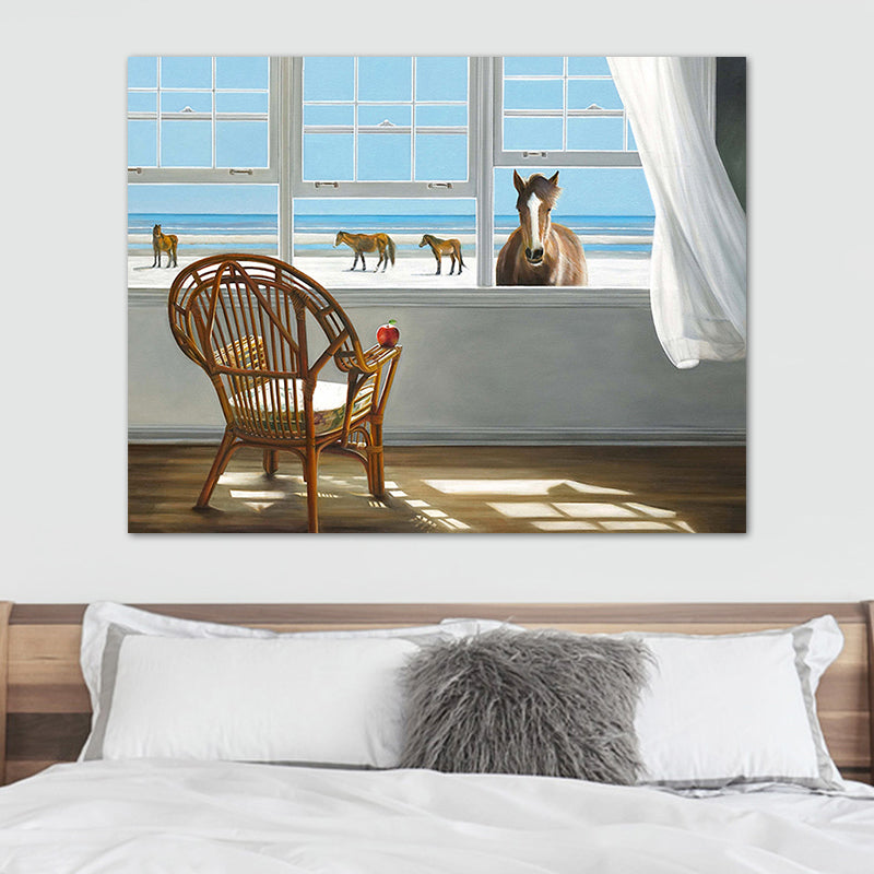 Brehn | Seashore House Innenansicht Leinwand Blau Nordischer Stil Wand Kunstdruck für Schlafzimmer