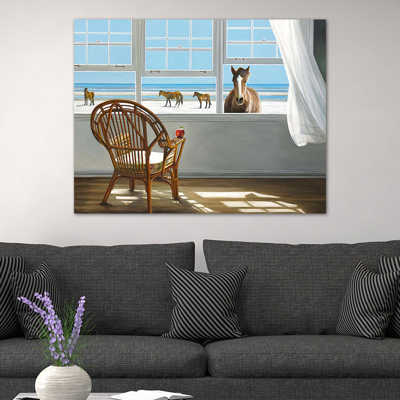 Brehn | Seashore House Innenansicht Leinwand Blau Nordischer Stil Wand Kunstdruck für Schlafzimmer