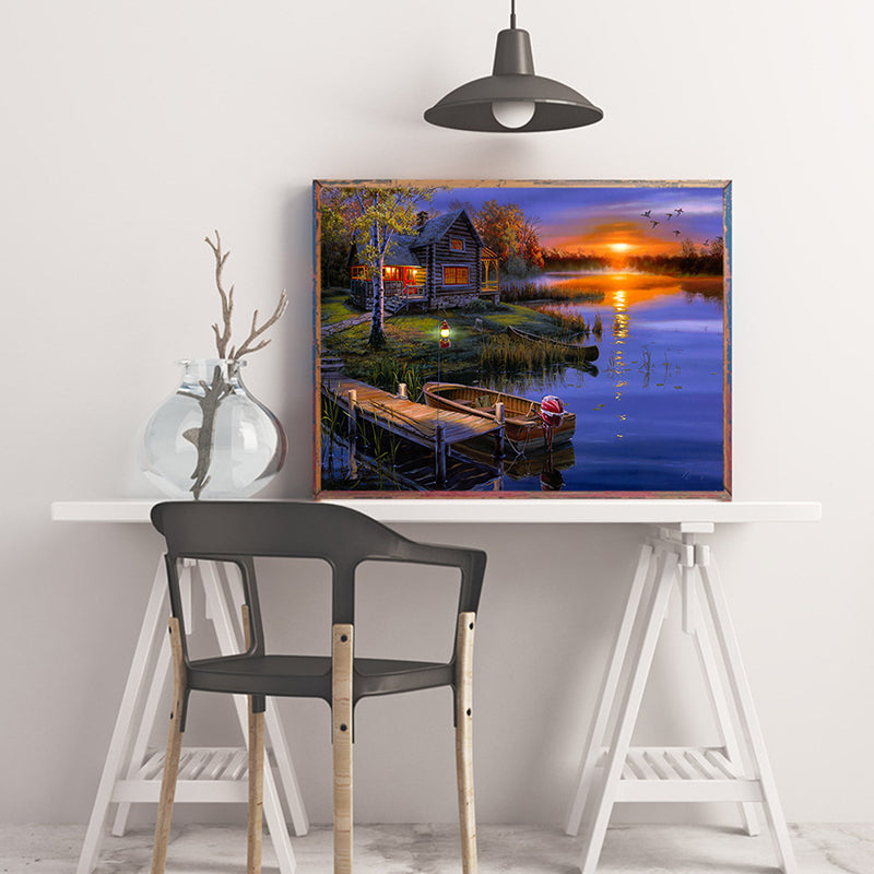Brehn | Lila Riverside Hut Landschaftsgemälde Texturierte Kunstdruck für Schlafzimmer, Verschiedene Größen