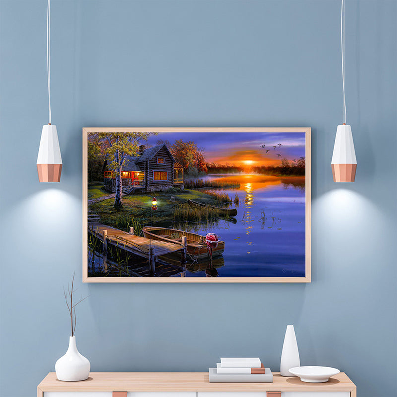 Brehn | Lila Riverside Hut Landschaftsgemälde Texturierte Kunstdruck für Schlafzimmer, Verschiedene Größen