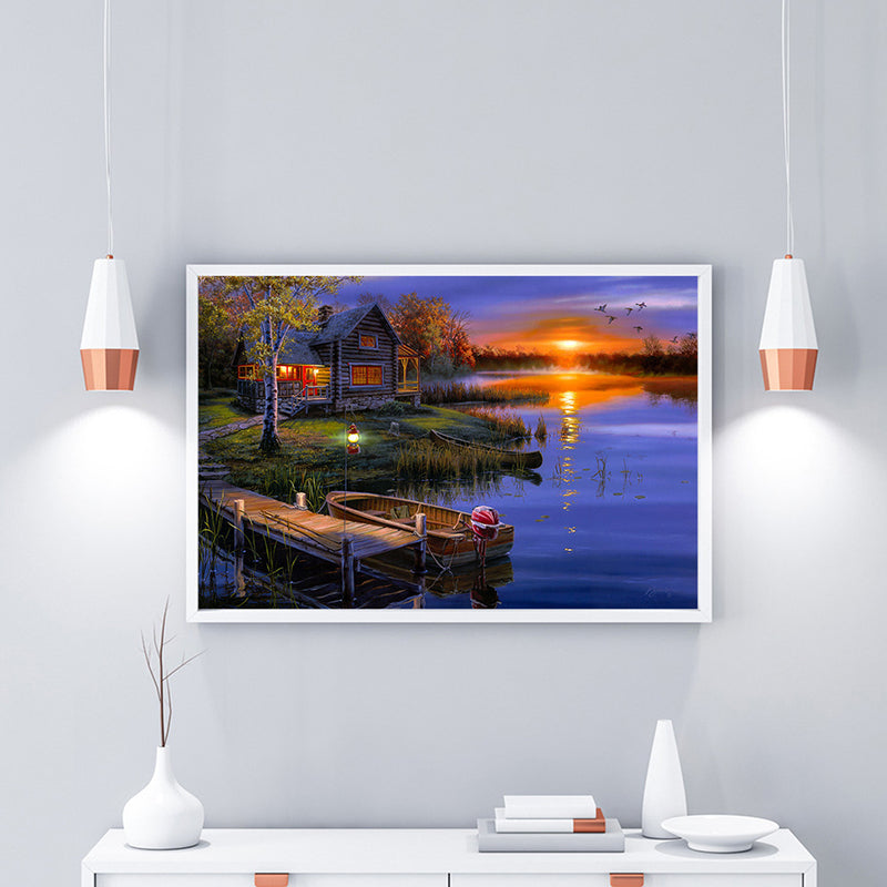 Brehn | Lila Riverside Hut Landschaftsgemälde Texturierte Kunstdruck für Schlafzimmer, Verschiedene Größen
