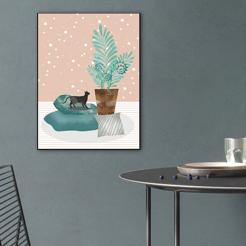 Brehn | Töpfe und Katzen Leinwanddruck Texturiertes skandinavisches Schlafzimmer Wandkunst in sanften Farben
