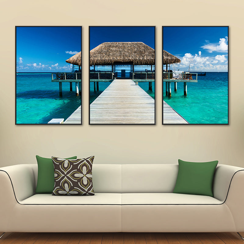 Brehn | Seaside Bridge Scene Art Print Moderne Canvas Multi-Piece Schilderij in Zachte Kleur, Set van Drie