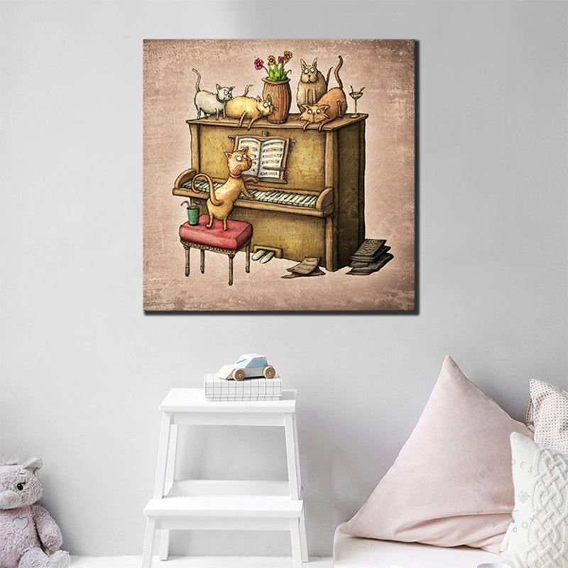 Brehn | Katzen und Klavier Wanddekoration Zeitgenössischer Kunststil Leinwand Texturiertes Gemälde in Braun