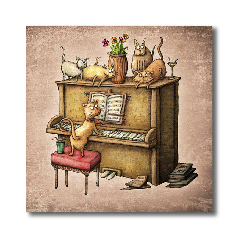 Brehn | Katzen und Klavier Wanddekoration Zeitgenössischer Kunststil Leinwand Texturiertes Gemälde in Braun