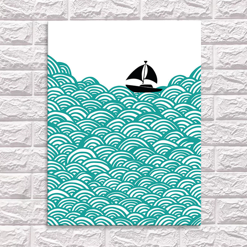 Brehn | Grün Sea Segelboot Landschaft Leinwand Texturiert Nordic Stil Haus Innen Wand Kunst Druck