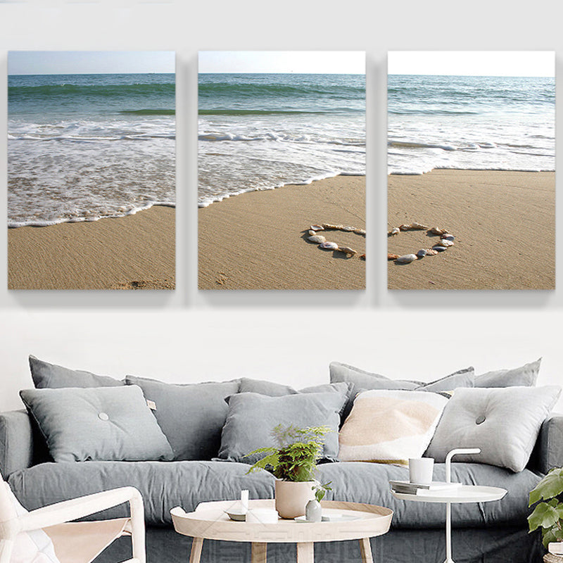 Brehn | Meereswelle und Strand Kunstdruck Tropisches Mehrteiliges Familienzimmer Leinwand in Braun-Blau